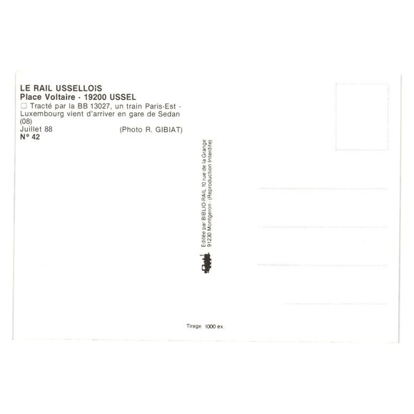 French Postcard BB 13027 Train Sedan Station Le Rail Ussellois 1988 Collectible - Picture 2 of 2